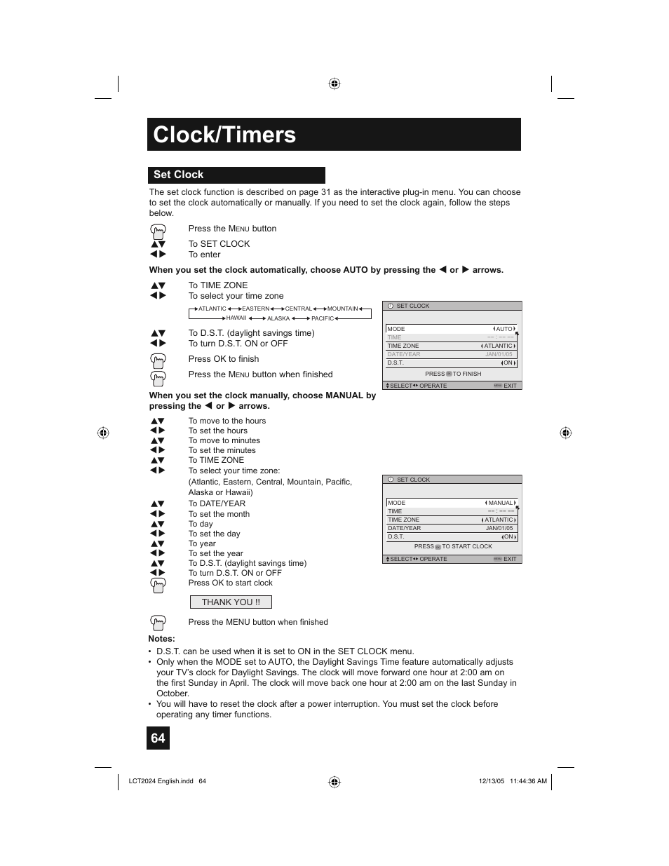 Clock/timers, Set clock | JVC HD-P70R1U User Manual | Page 64 / 112