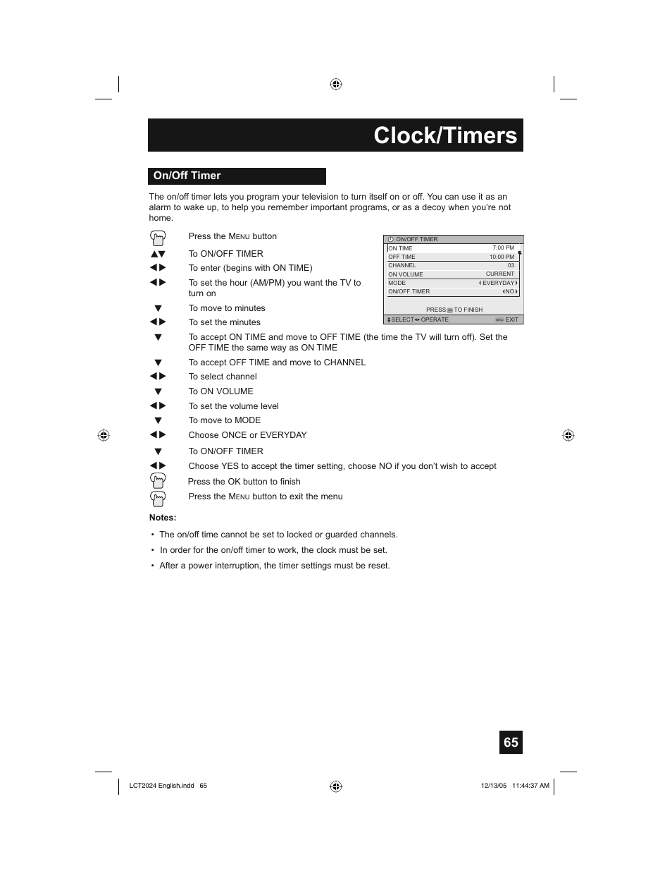 Clock/timers, On/off timer | JVC HD-P70R1U User Manual | Page 65 / 112