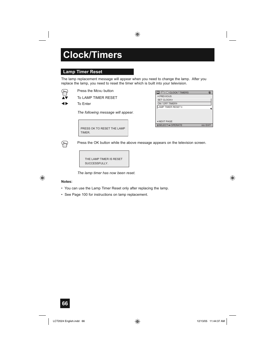 Clock/timers, Lamp timer reset | JVC HD-P70R1U User Manual | Page 66 / 112