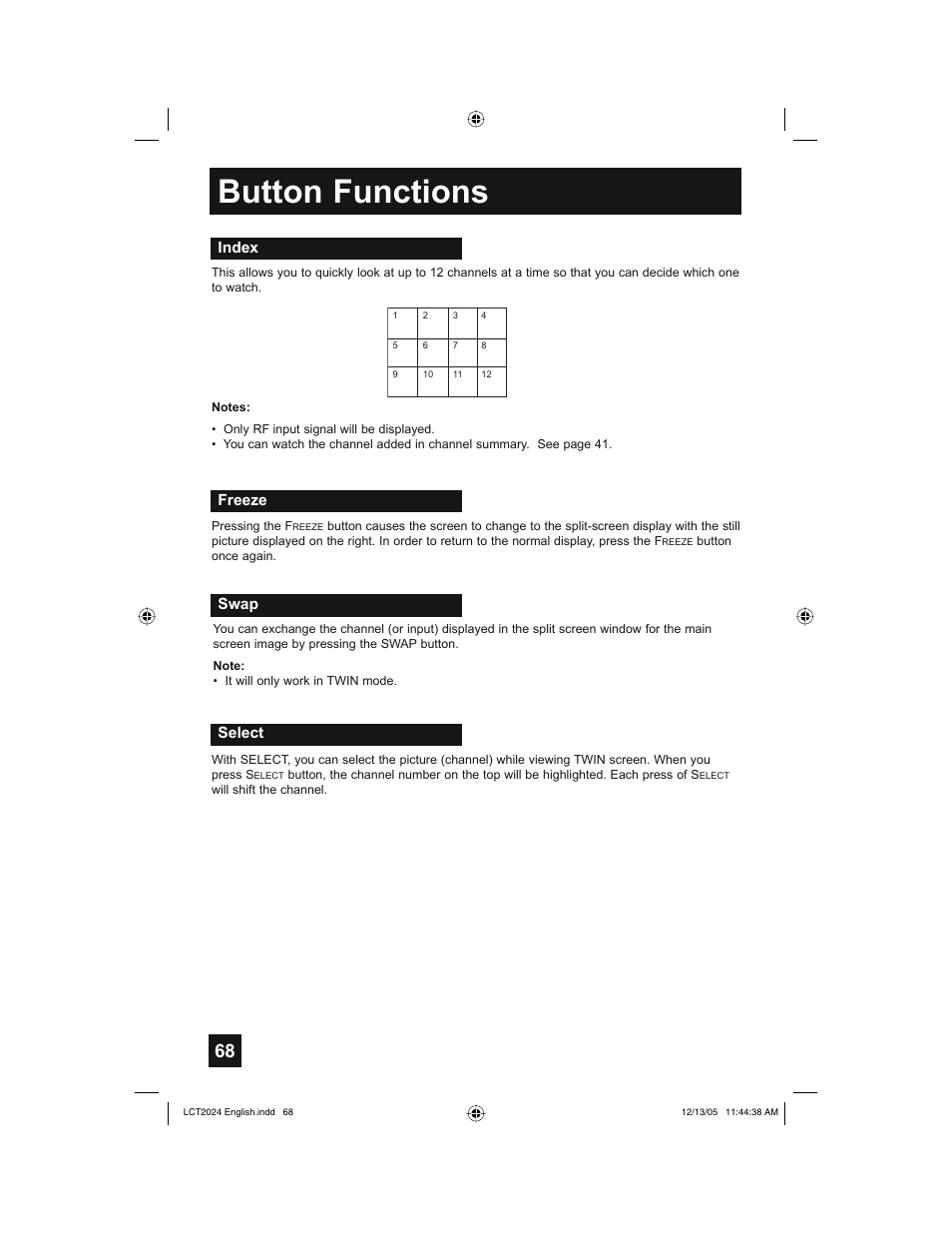 Button functions, Index, Freeze swap | Select | JVC HD-P70R1U User Manual | Page 68 / 112