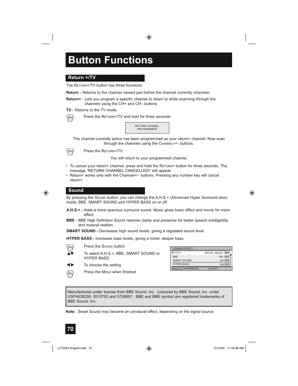 Button functions, Return +/tv, Sound | JVC HD-P70R1U User Manual | Page 70 / 112
