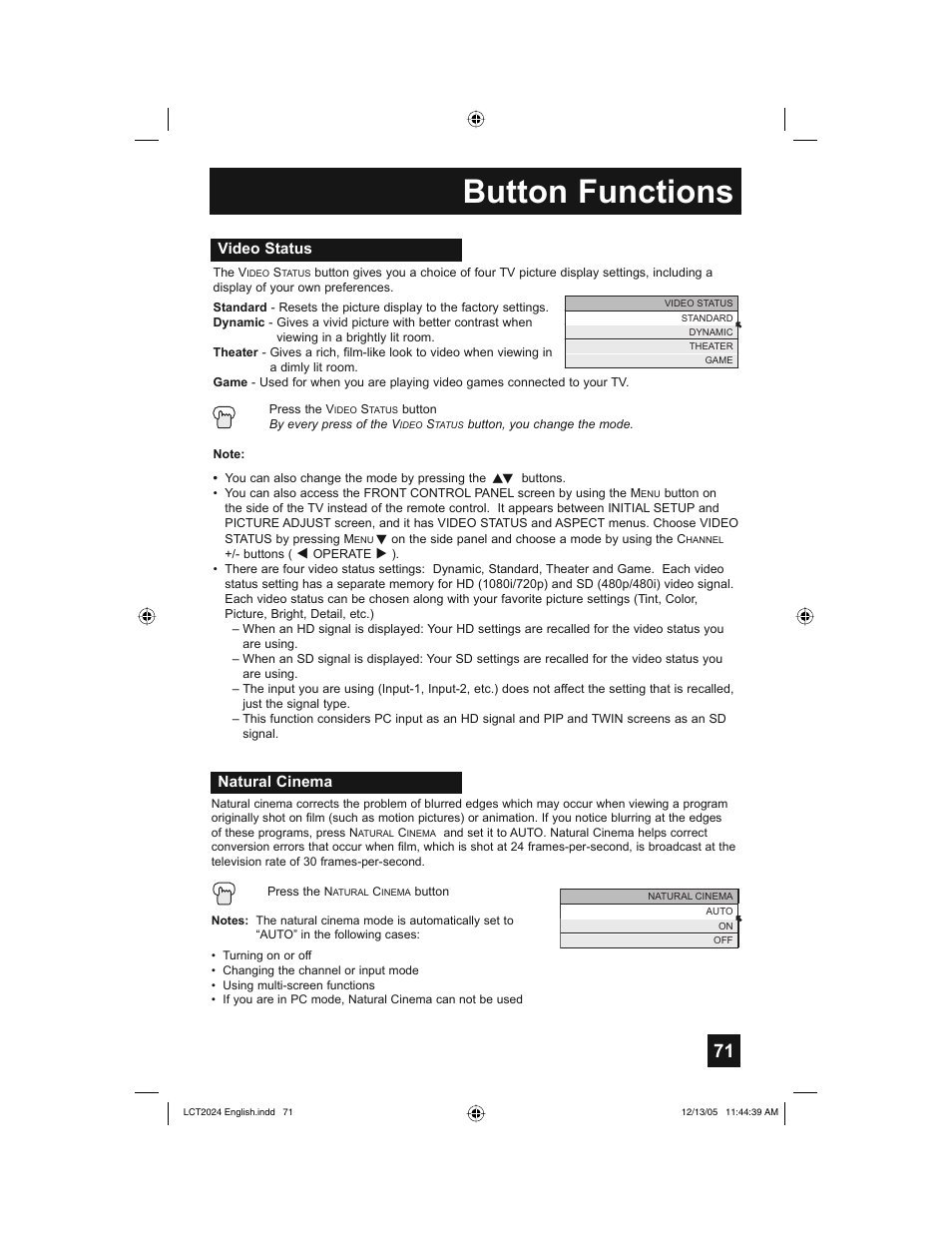 Button functions, Video status, Natural cinema | JVC HD-P70R1U User Manual | Page 71 / 112