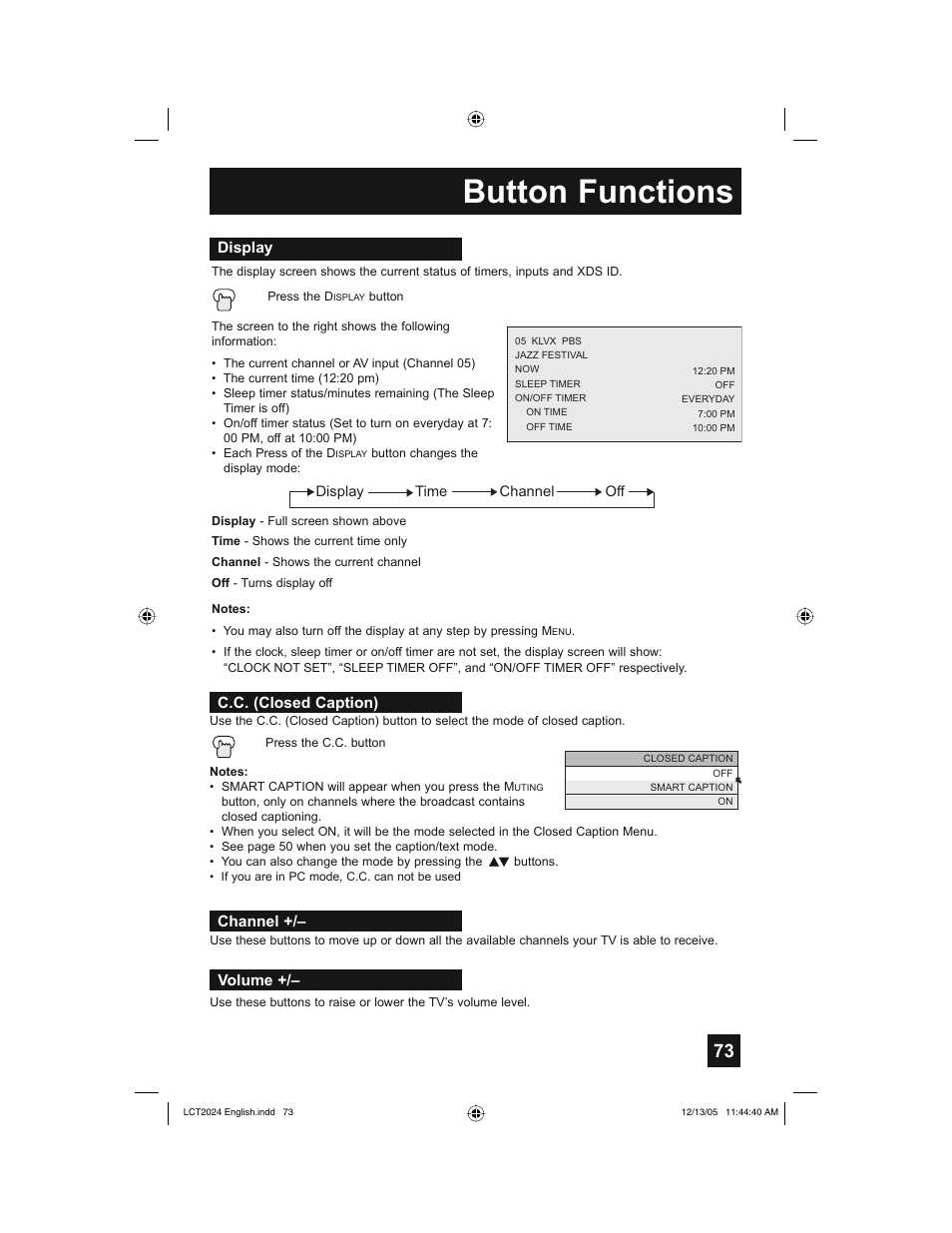 Button functions | JVC HD-P70R1U User Manual | Page 73 / 112