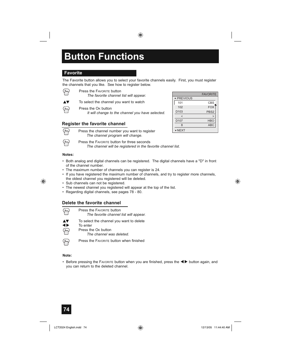 Button functions | JVC HD-P70R1U User Manual | Page 74 / 112