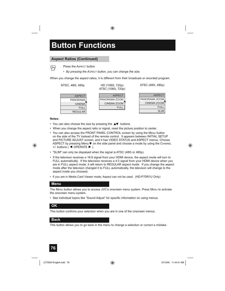 Button functions | JVC HD-P70R1U User Manual | Page 76 / 112