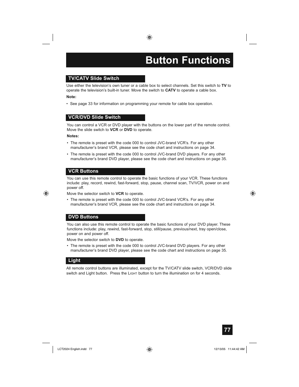 Button functions | JVC HD-P70R1U User Manual | Page 77 / 112