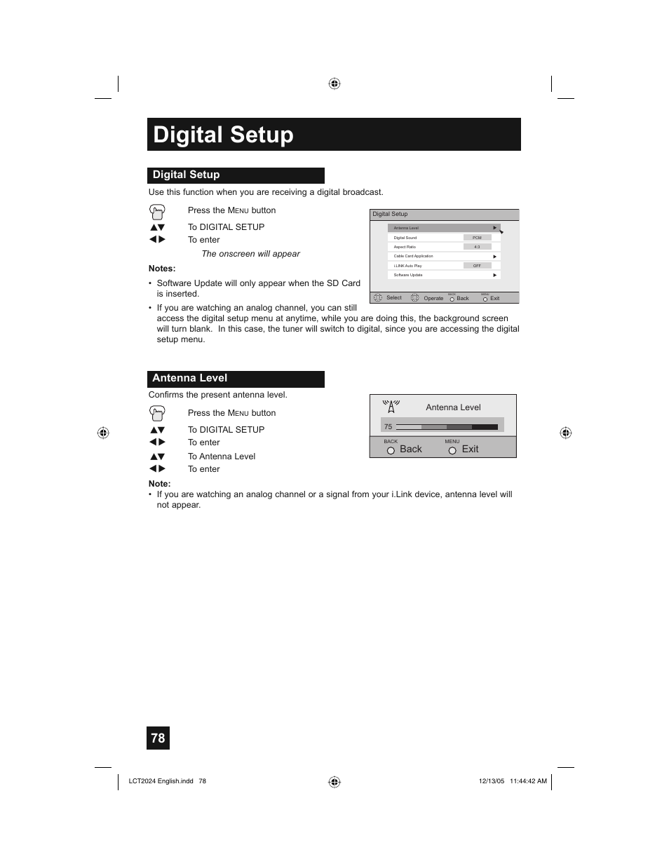 Digital setup, Antenna level | JVC HD-P70R1U User Manual | Page 78 / 112