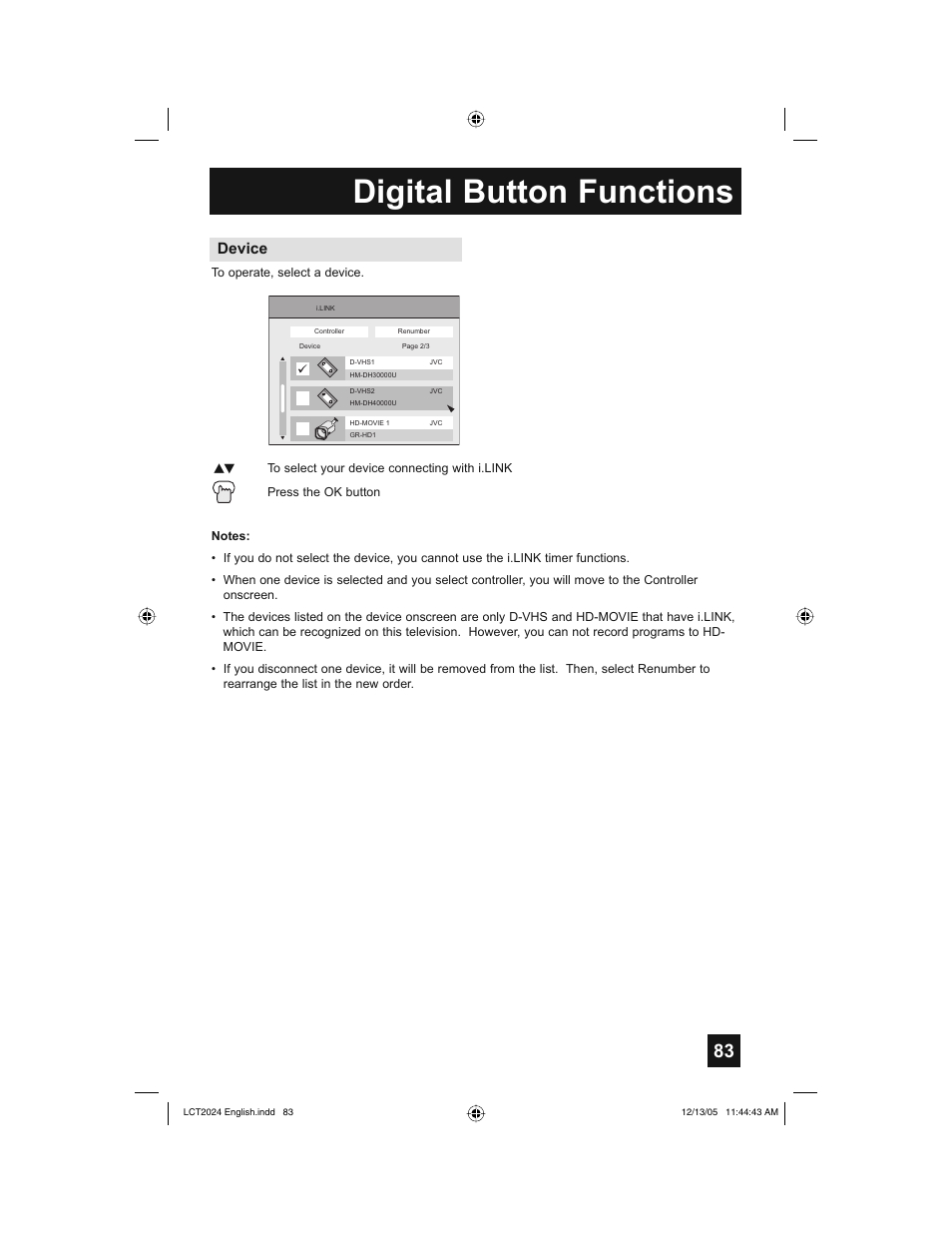 Digital button functions, Device | JVC HD-P70R1U User Manual | Page 83 / 112