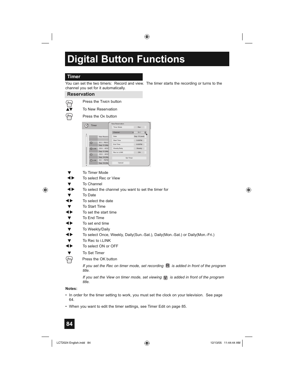 Digital button functions, Timer, Reservation | JVC HD-P70R1U User Manual | Page 84 / 112