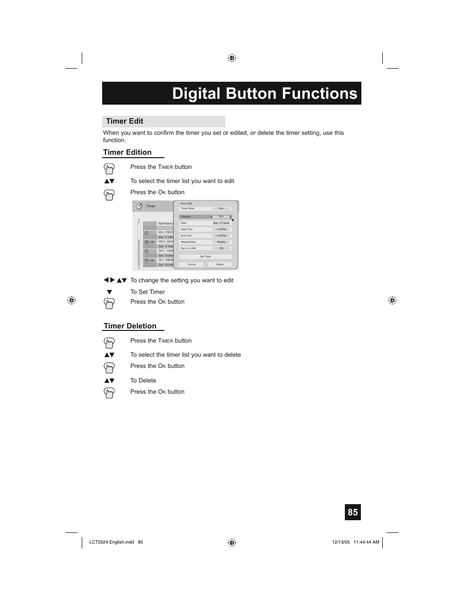 Digital button functions, Timer edit, Timer edition | Timer deletion | JVC HD-P70R1U User Manual | Page 85 / 112