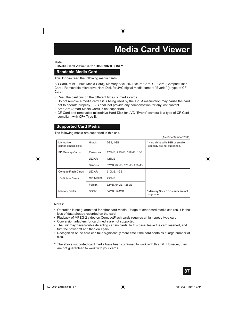 Media card viewer, Readable media card supported card media | JVC HD-P70R1U User Manual | Page 87 / 112