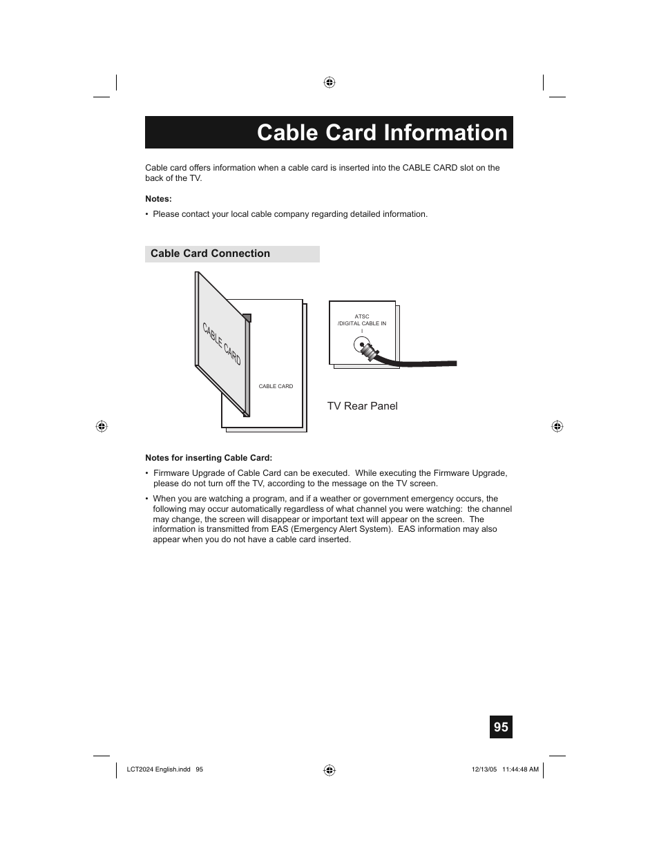 Cable card information, Cable card | JVC HD-P70R1U User Manual | Page 95 / 112