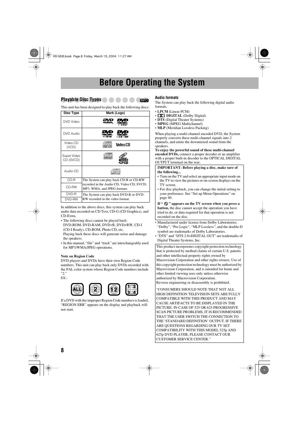 Before operating the system, Playable disc types | JVC CA-HXGD8 User Manual | Page 10 / 60