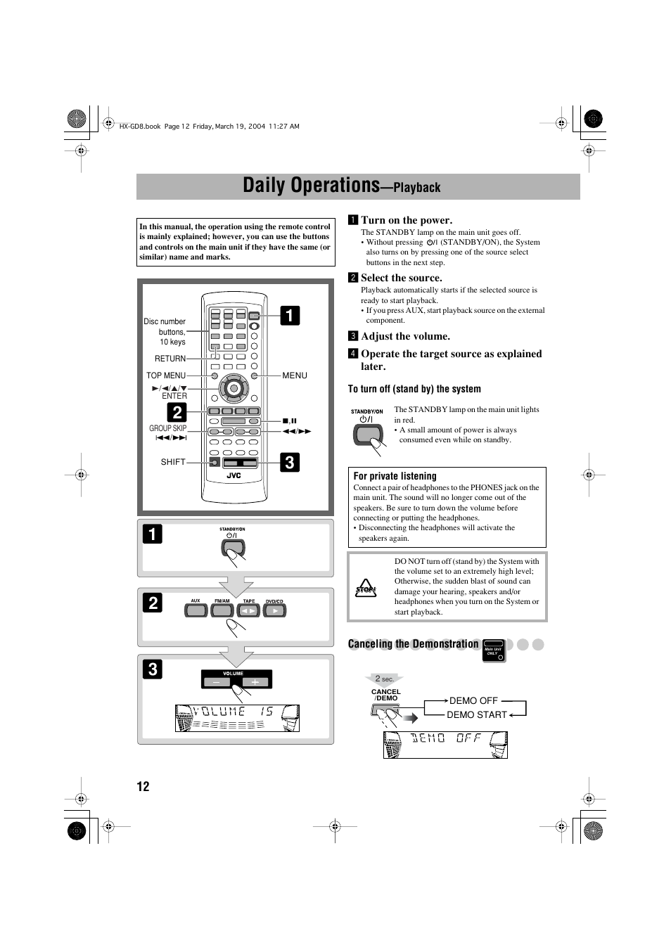 Daily operations —playback, Daily operations, Playback | JVC CA-HXGD8 User Manual | Page 14 / 60