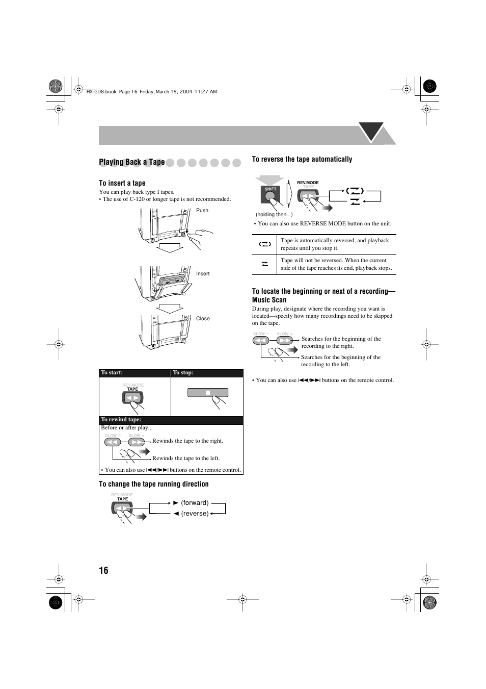 Playing back a tape | JVC CA-HXGD8 User Manual | Page 18 / 60