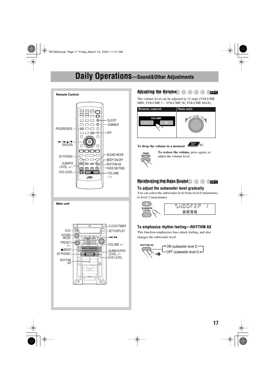 Daily operations —sound&other adjustments, Daily operations, Sound&other adjustments | JVC CA-HXGD8 User Manual | Page 19 / 60