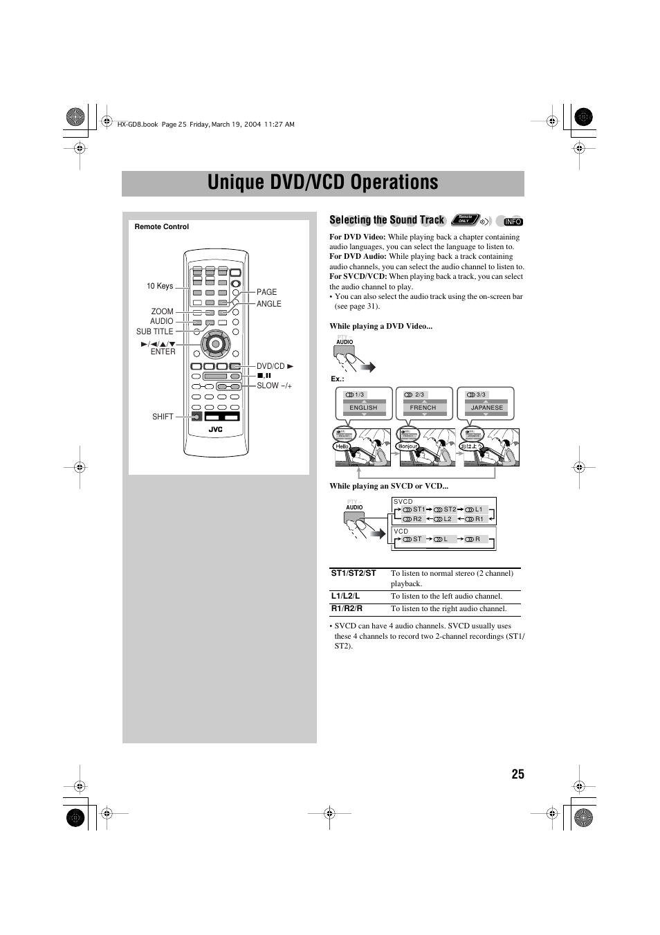 Unique dvd/vcd operations, Selecting the sound track | JVC CA-HXGD8 User Manual | Page 27 / 60