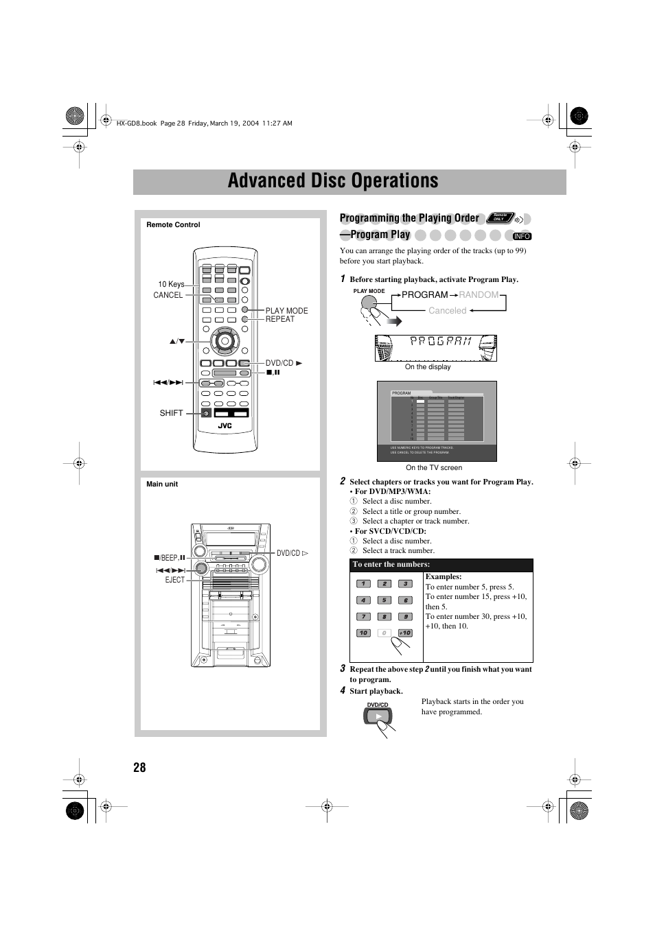 Advanced disc operations, Programming the playing order —program play | JVC CA-HXGD8 User Manual | Page 30 / 60