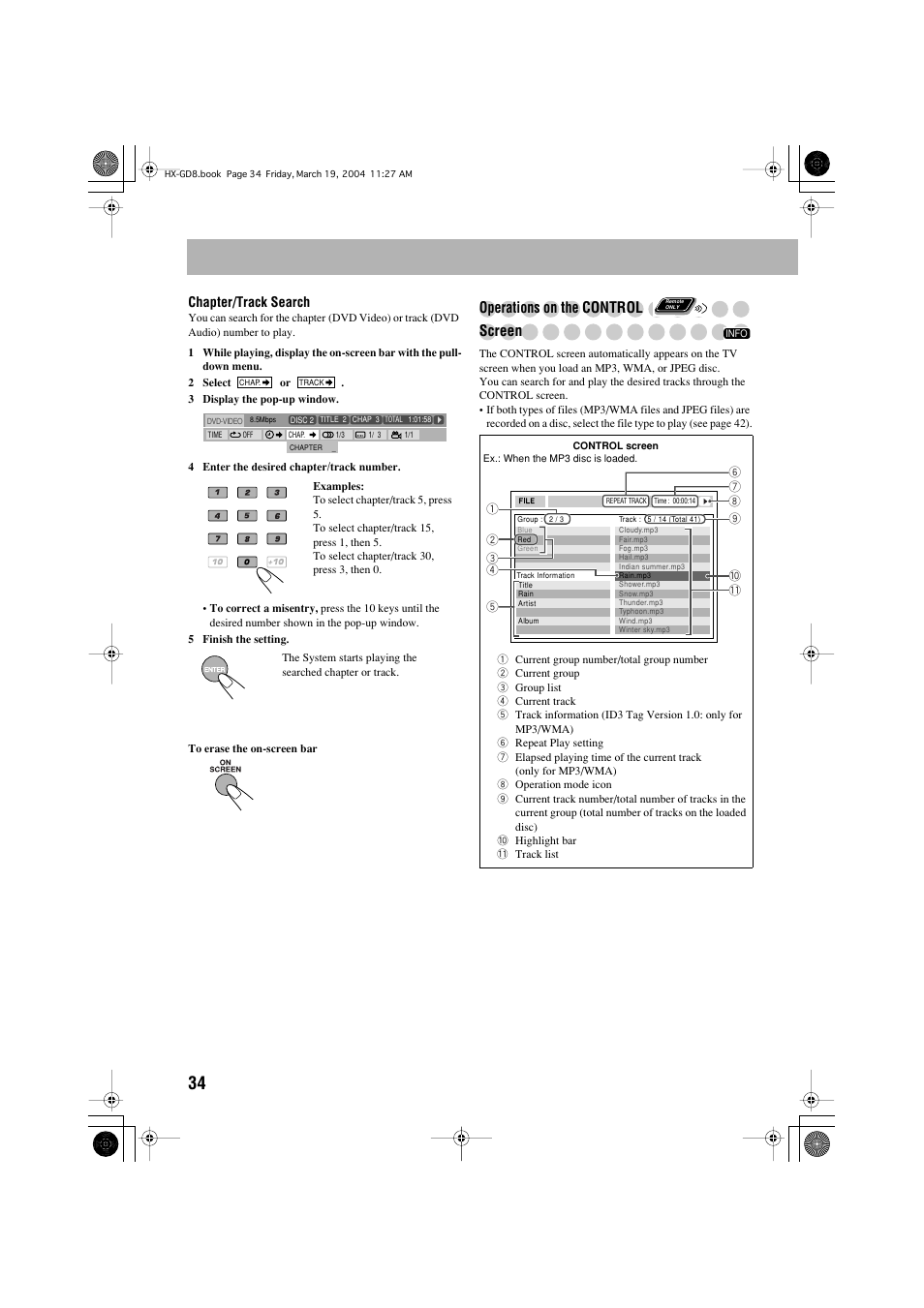 Operations on t, He control screen | JVC CA-HXGD8 User Manual | Page 36 / 60