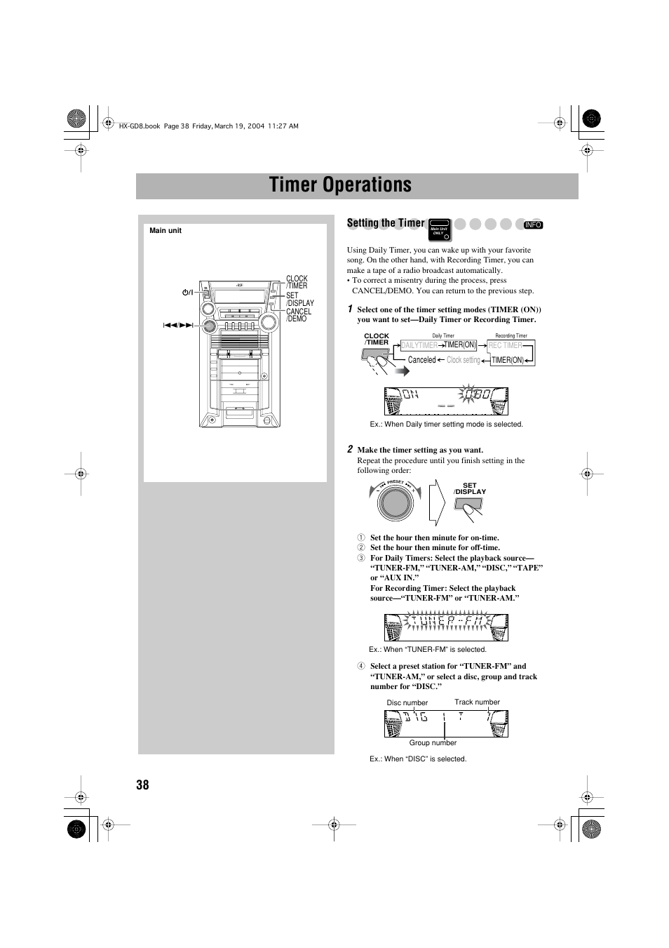 Timer operations, Setting the timer | JVC CA-HXGD8 User Manual | Page 40 / 60