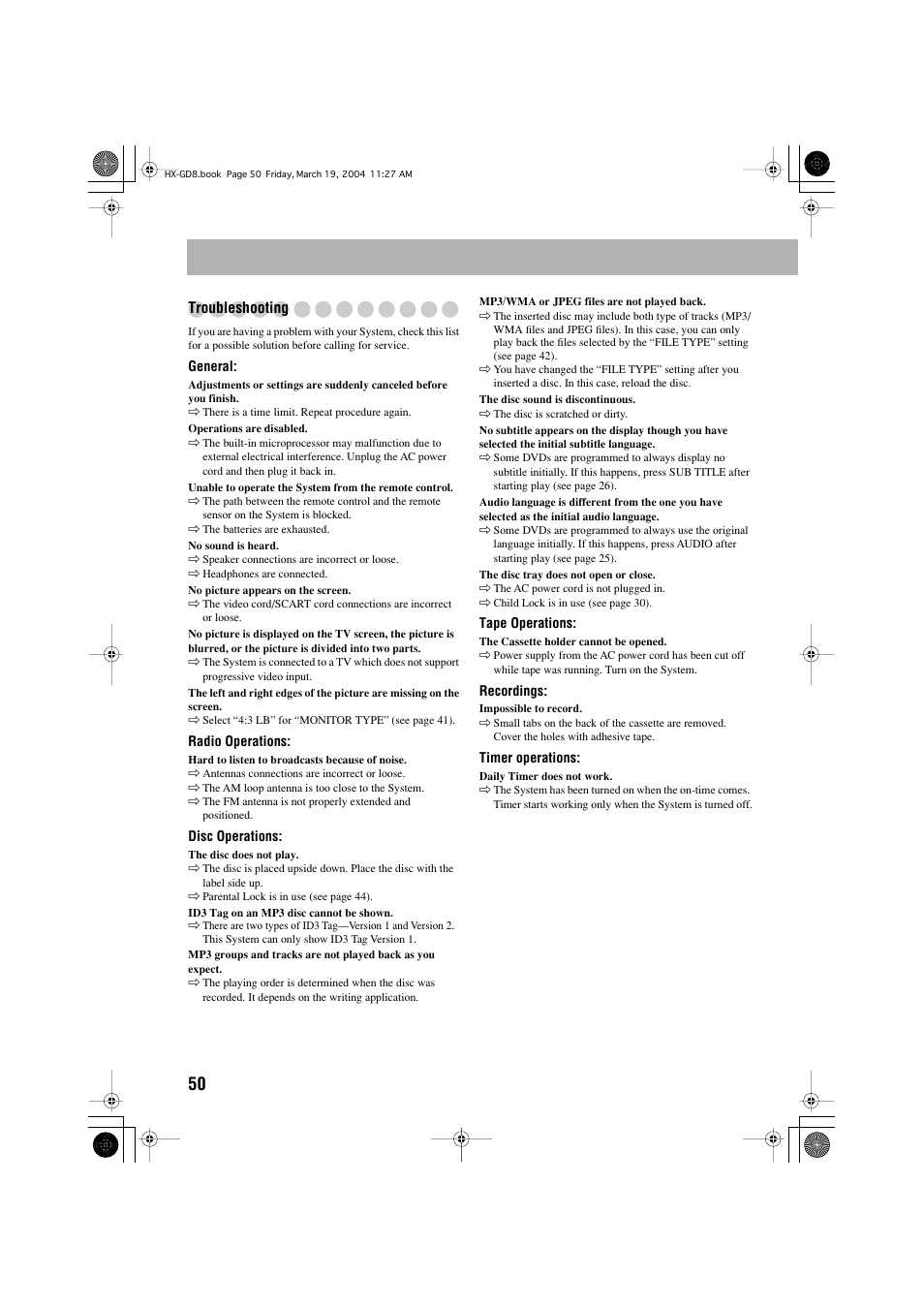 Troubleshooting | JVC CA-HXGD8 User Manual | Page 52 / 60