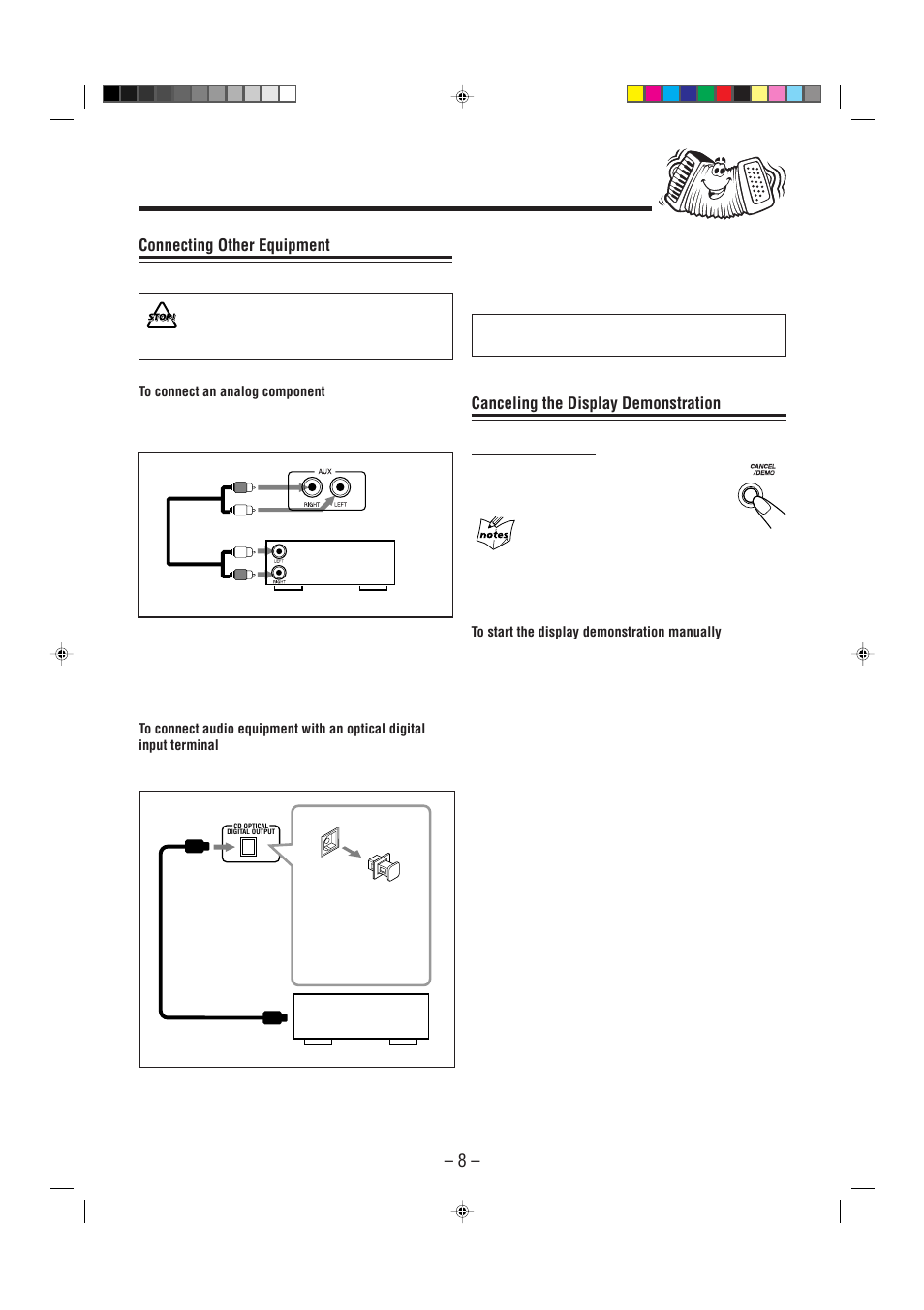 Now, you can plug the ac power cord, Connecting other equipment, Canceling the display demonstration | JVC CA-MXGT91R User Manual | Page 11 / 43