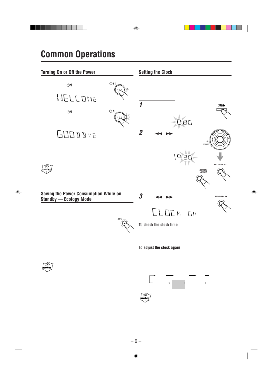 Common operations, Turning on or off the power, Setting the clock | JVC CA-MXGT91R User Manual | Page 12 / 43