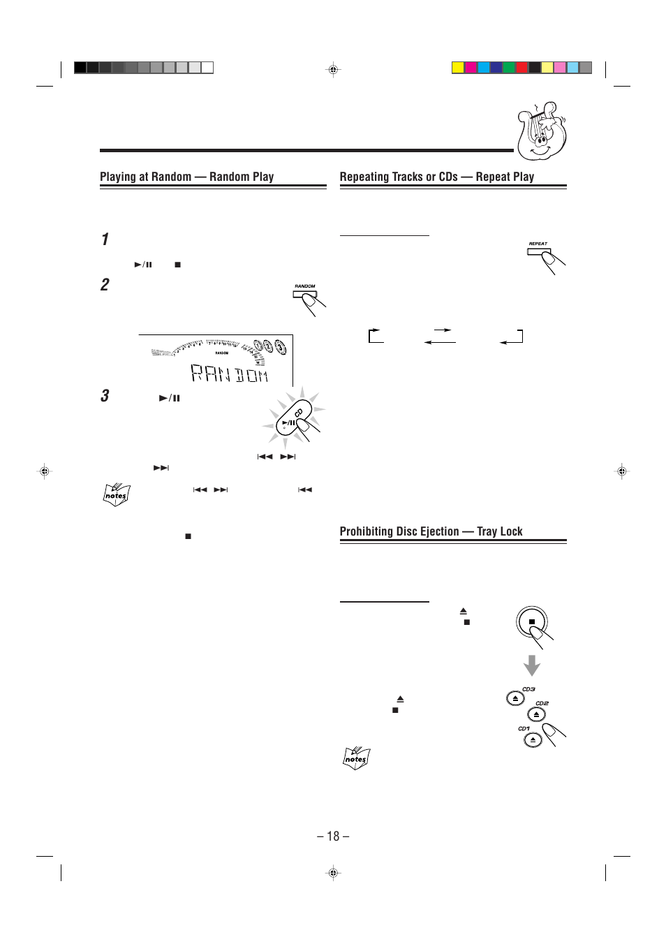 Playing at random — random play, Repeating tracks or cds — repeat play, Prohibiting disc ejection — tray lock | JVC CA-MXGT91R User Manual | Page 21 / 43