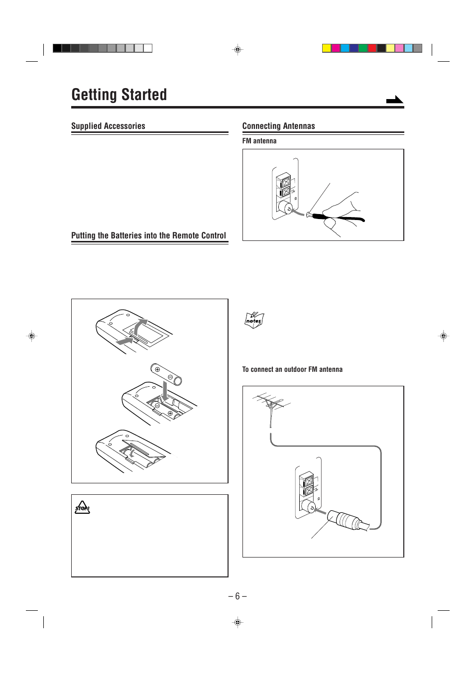 Getting started, Supplied accessories, Putting the batteries into the remote control | Connecting antennas | JVC CA-MXGT91R User Manual | Page 9 / 43