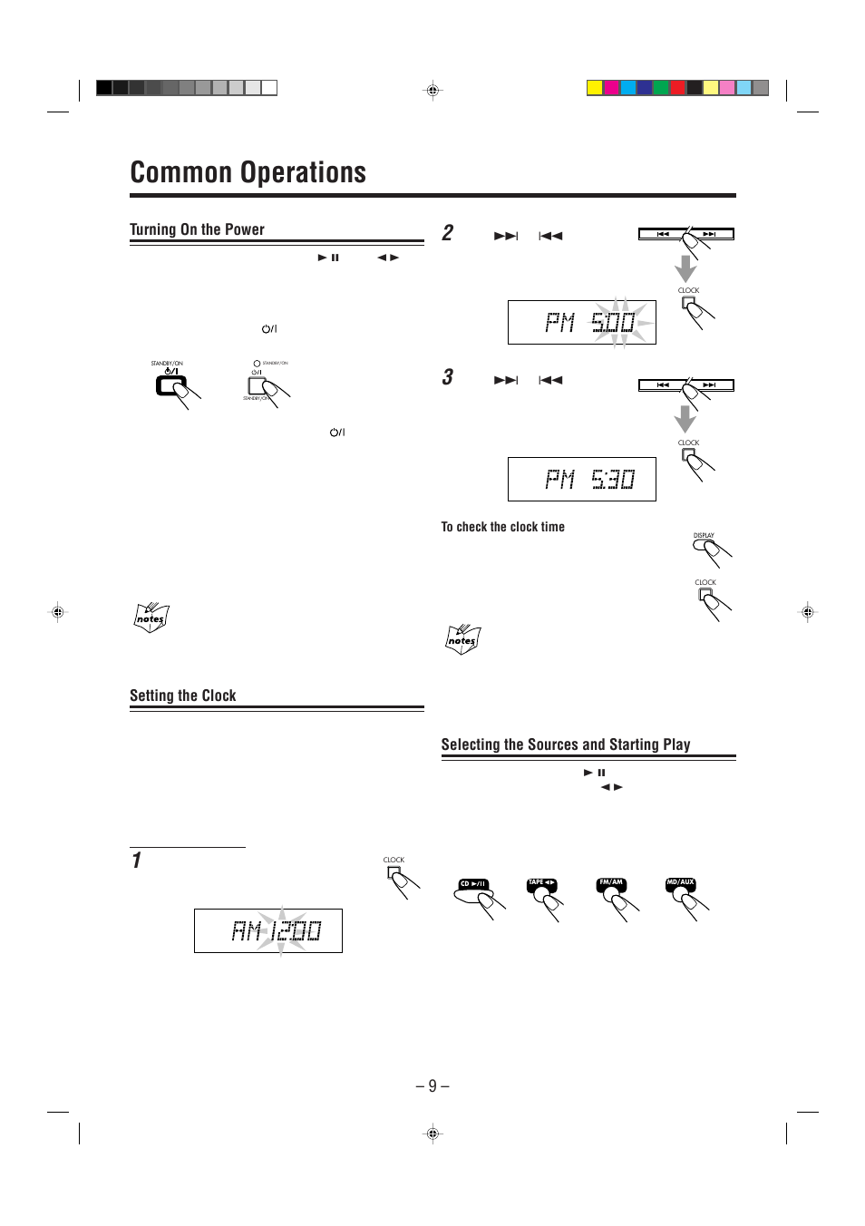 Common operations, Turning on the power, Setting the clock | Selecting the sources and starting play | JVC CA-FSP5 User Manual | Page 12 / 28