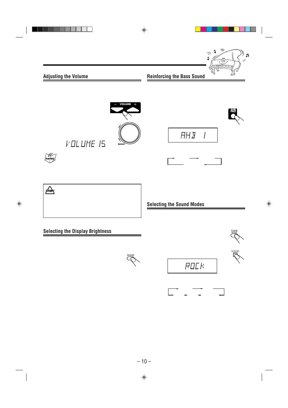 Reinforcing the bass sound, Selecting the sound modes, Adjusting the volume | Selecting the display brightness | JVC CA-FSP5 User Manual | Page 13 / 28