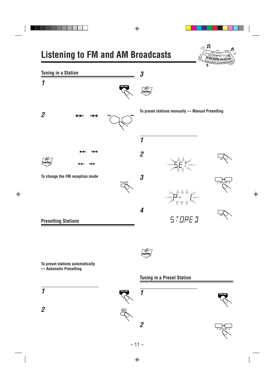 Listening to fm and am broadcasts | JVC CA-FSP5 User Manual | Page 14 / 28