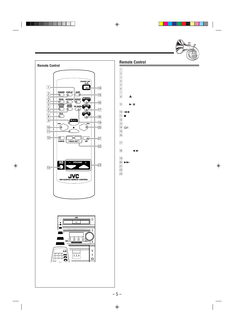 Remote control, Compact digital audio, Standby | Standby / on, Direct operating, Rec / remote control | JVC CA-FSP5 User Manual | Page 8 / 28