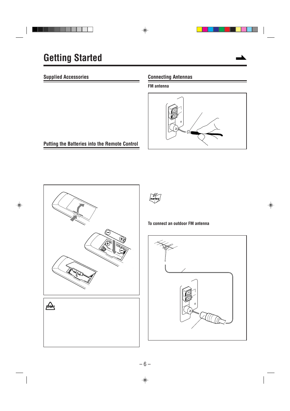 Getting started, Supplied accessories, Putting the batteries into the remote control | Connecting antennas | JVC CA-FSP5 User Manual | Page 9 / 28