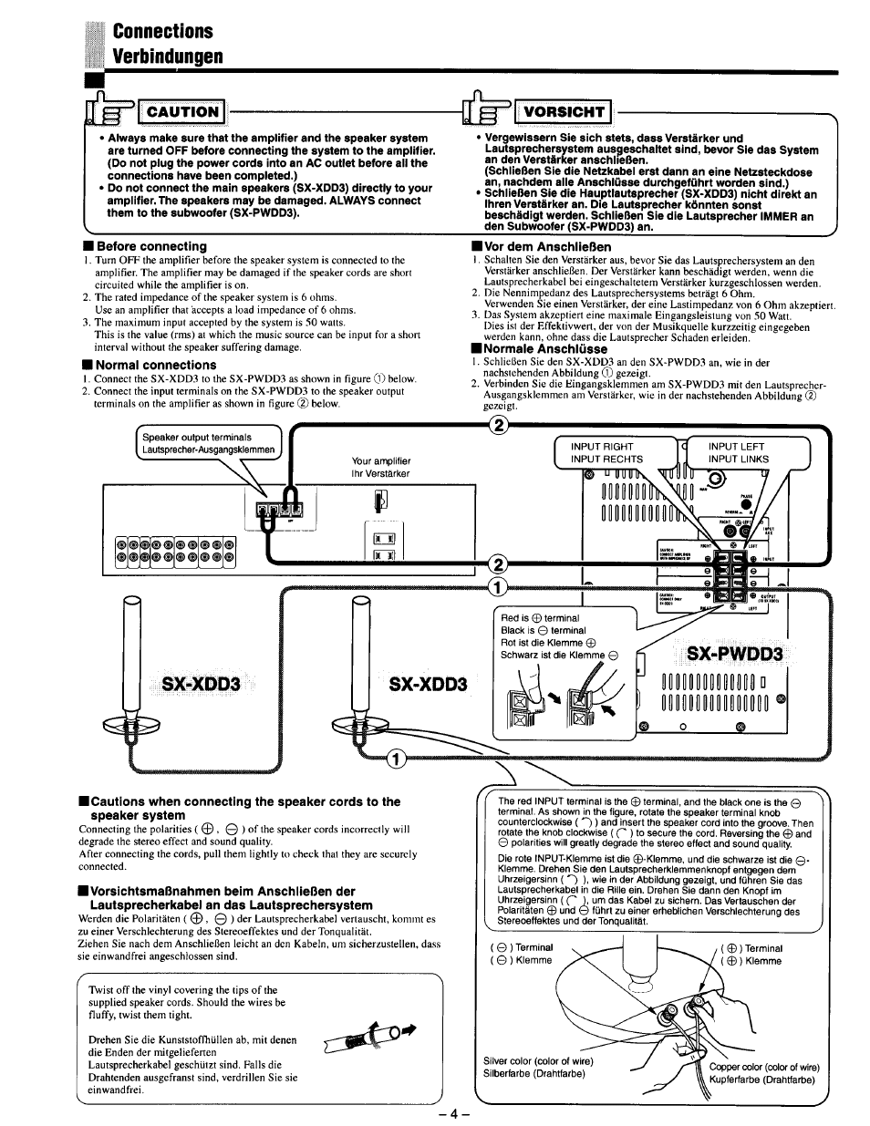 Connections, Verbindungen, Before connecting | Normal connections, Vor dem anschließen, Normale anschlüsse, Connections verbindungen, Caution, Vorsicht | JVC SX-DD3 User Manual | Page 11 / 42