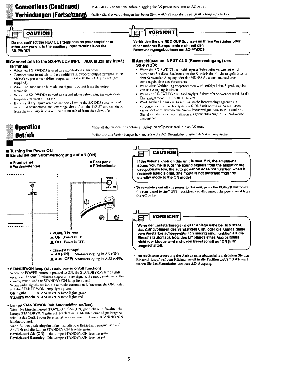 Connections (continued), Verbindungen (fortsetzung), Operation betrieb | Caution, Vorsicht | JVC SX-DD3 User Manual | Page 12 / 42