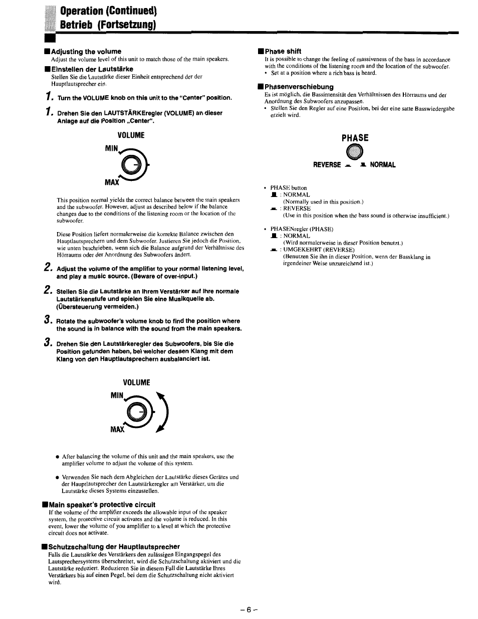 Operation (continued) betrieb (fortsetzung), Adjusting the volume, Einstellen der lautstärke | Phase shift, I phasenverschiebung, Reverse, Volume, Main speaker’s protective circuit, Ischutzschaitung der hauptlautsprecher | JVC SX-DD3 User Manual | Page 13 / 42