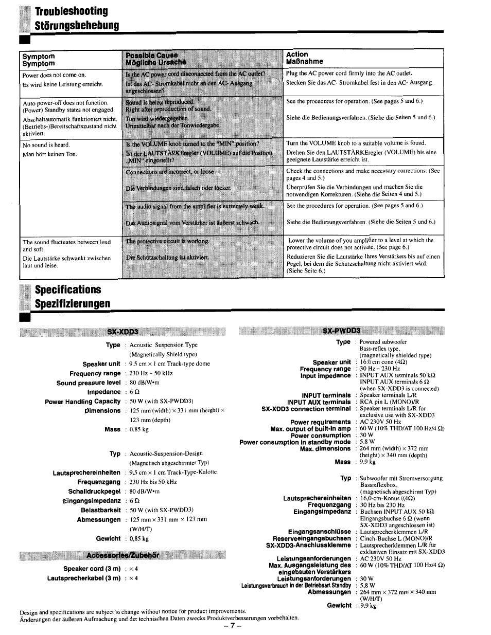 Troubleshooting, Störungsbehebung, Specifications | Spezifizierungen, Sx-xod3, Sx-pwdd3, Accessories/zubehör, Störungsbehebung spezifizierungen, Troubleshooting störungsbehebung, Specifications spezifizierungen | JVC SX-DD3 User Manual | Page 14 / 42