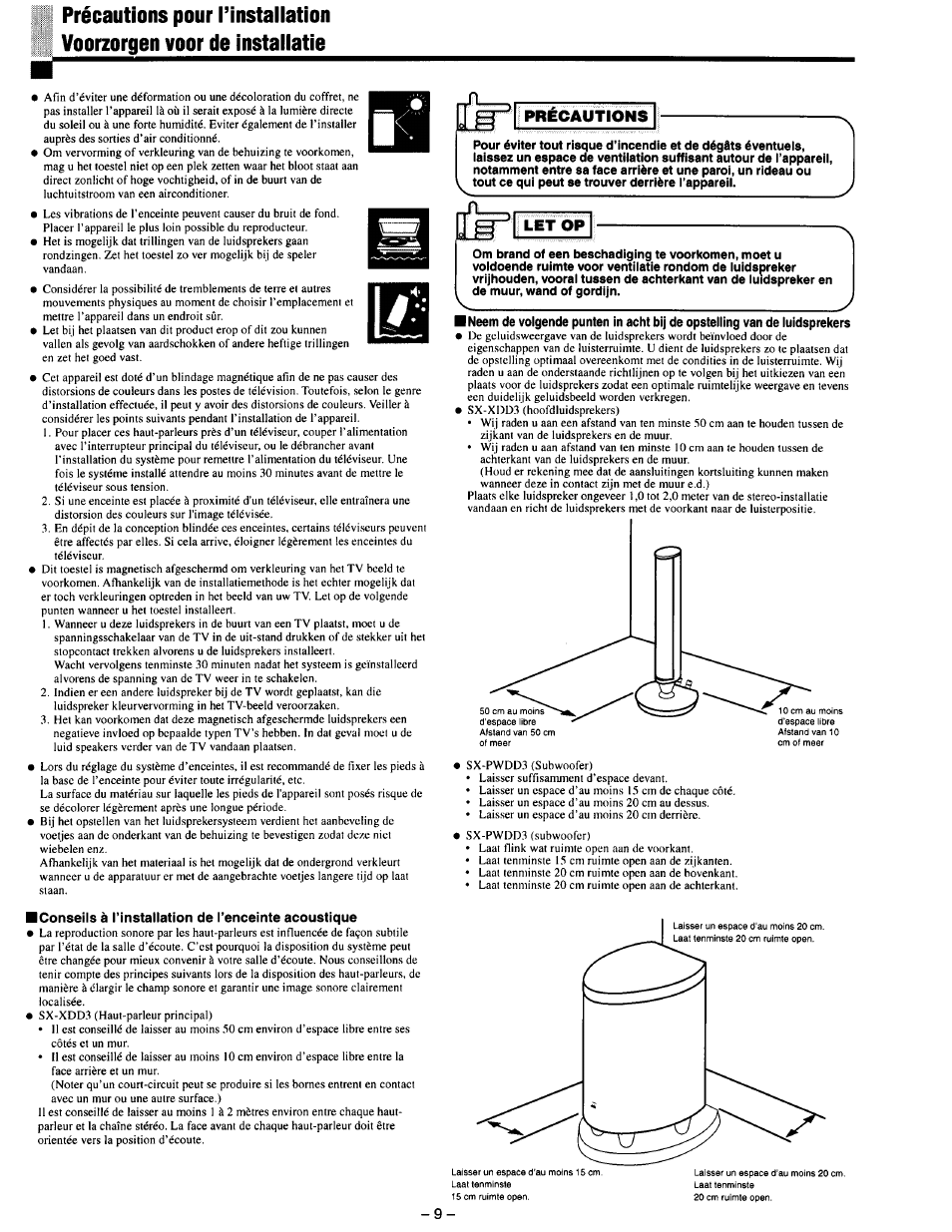 Conseils à rinstallation de l’enceinte acoustique, Nprecautions, Let op | JVC SX-DD3 User Manual | Page 16 / 42