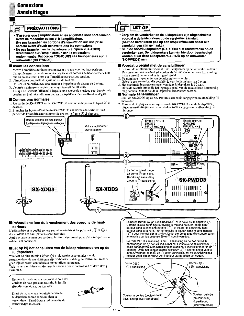 Connexions, Aansluitingen, Avant les connexions | Connexions normales, Voordat u begint met de aansluitingen, Normale aansluitingen, If connexions aansluitingen, Precautions let op | JVC SX-DD3 User Manual | Page 18 / 42