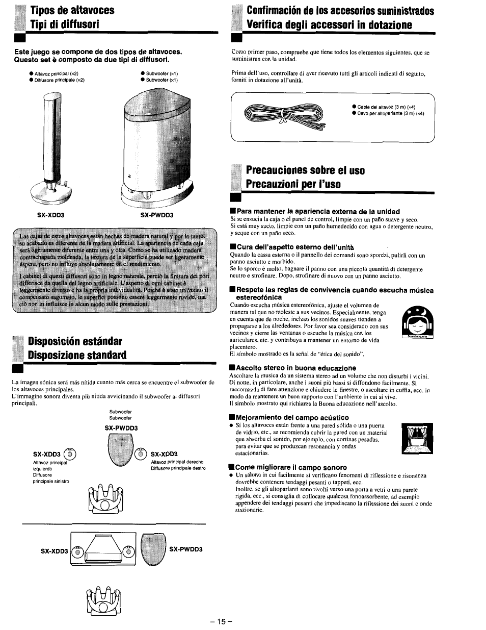 Disposición estándar disposizione standard, Precauciones sobre el uso precauzioni per l’uso, Para mantener la apariencia externa de la unidad | Cura deh’aspetto esterno dell’unità, Ascolto stereo in buona educazione, Mejoramiento del campo acústico, Icome migliorare il campo sonoro | JVC SX-DD3 User Manual | Page 22 / 42