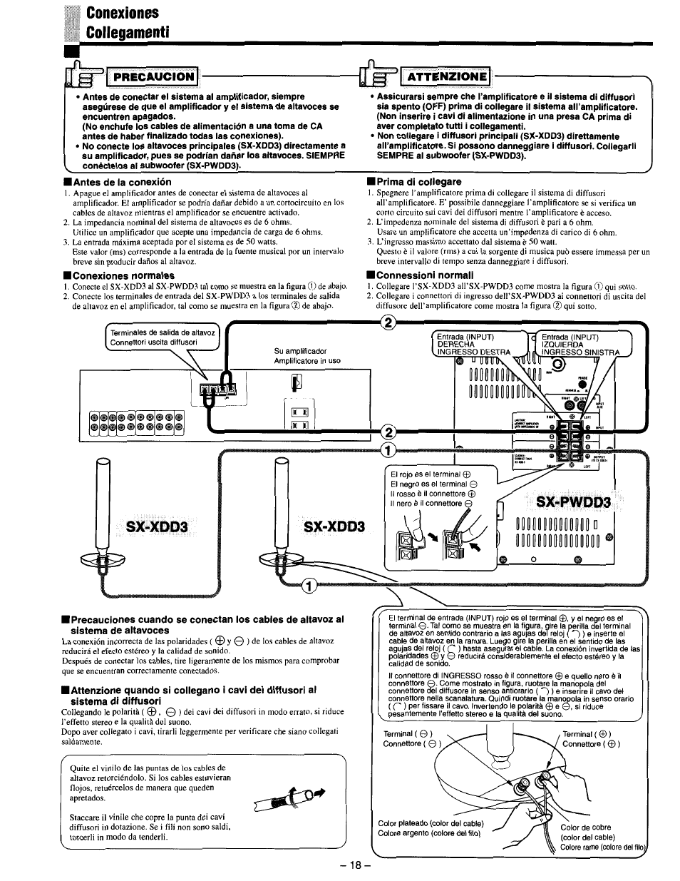 Conexiones, Collegamenti, Antes de la conexión | Conexiones normales, Prima di collegare, Connessioni normali, Conexiones collegamenti, Precaucion attenzione | JVC SX-DD3 User Manual | Page 25 / 42