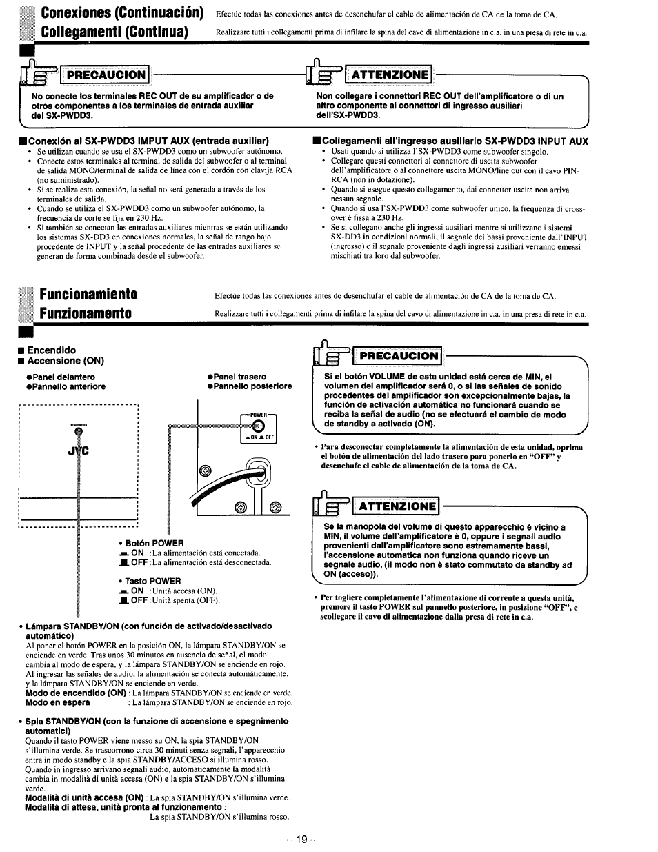 Iconexión al sx-pwdd3 imput aux (entrada auxiliar), I encendido i accensione (on), Conexiones (continuación) | Coiiegamenti (continua), Funcionamiento funzionamento, Attenzione ” ; phewauwiun isl, Precaucion, Attenzione | JVC SX-DD3 User Manual | Page 26 / 42