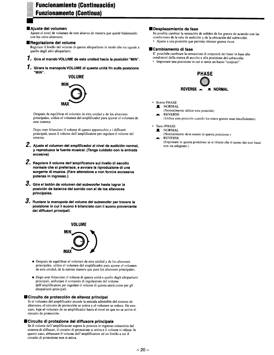 Ajuste del volumen, Regolazione del volume, Volume | Desplazamiento de fase, Cambiamento di fase, Reverse, Circuito de protección de altavoz principal, Circuito di protezione del diffusore principale | JVC SX-DD3 User Manual | Page 27 / 42