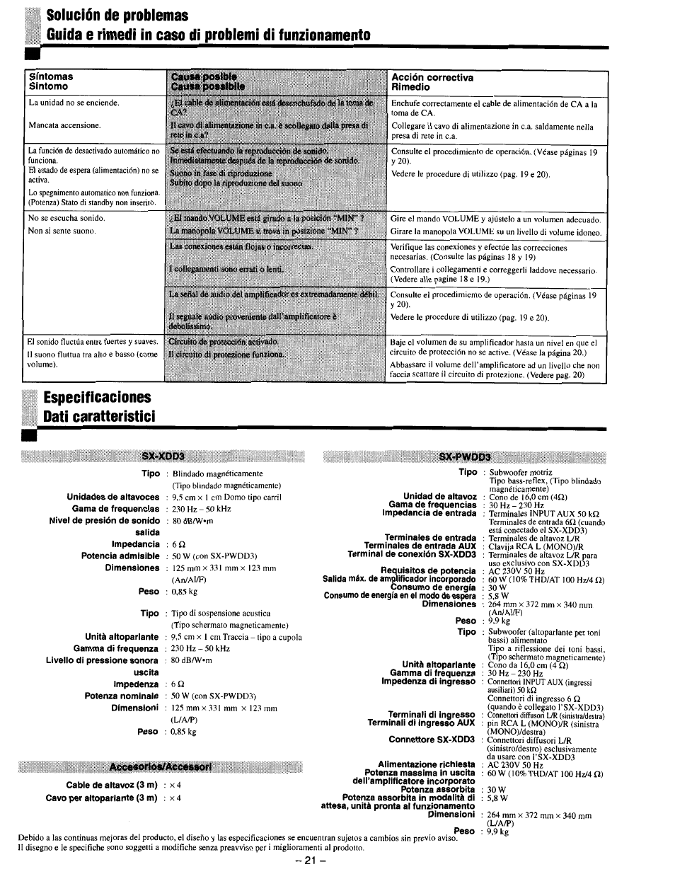 Solución de problemas, Especificaciones dati caratteristici, Sx-xdd3 | Sx-pwdd3, Accesorios/acceesori | JVC SX-DD3 User Manual | Page 28 / 42