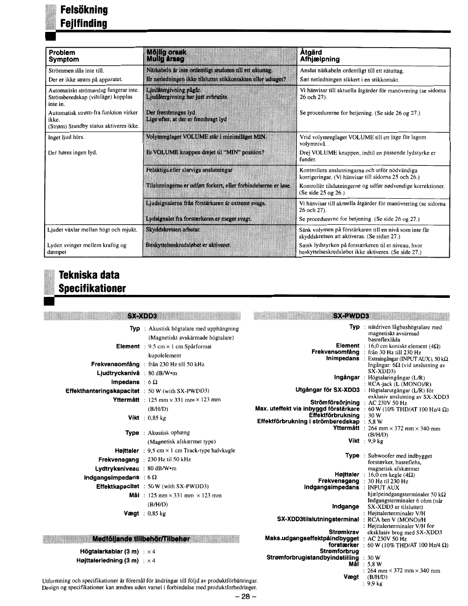 Felsökning, Fejlfínding, Tekniska data specifikationer | Sx-xdd3, Sx-pwdd3, M«dföijande tillbehör/tilbehor, Felsòkning, Fejifinding, Felsökning fejlfínding | JVC SX-DD3 User Manual | Page 35 / 42