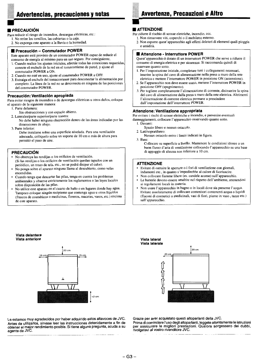 Advertencias, precauciones y notas, Avvertenze, precauzioni e aitro, Precaucion | Precaución: ventilación apropiada, Attenzione, Attenzione; ventilazione appropriata | JVC SX-DD3 User Manual | Page 4 / 42