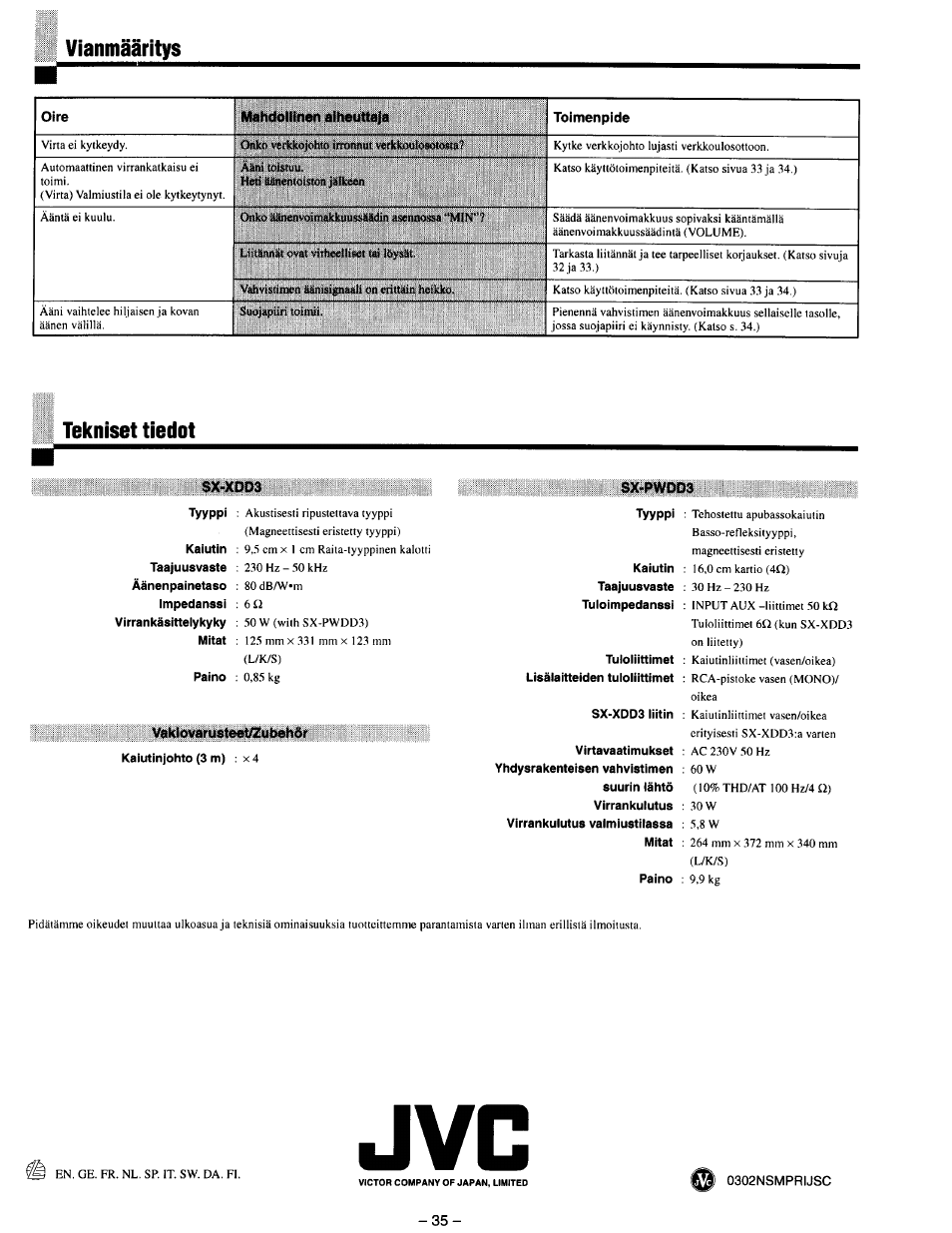 Vianmaaritys, Tekniset tiedot, Sx-xdd3 | Sx-pwdd3, Vakiovarusteet/zubehdr, Vianmààritys tekniset tiedot | JVC SX-DD3 User Manual | Page 42 / 42