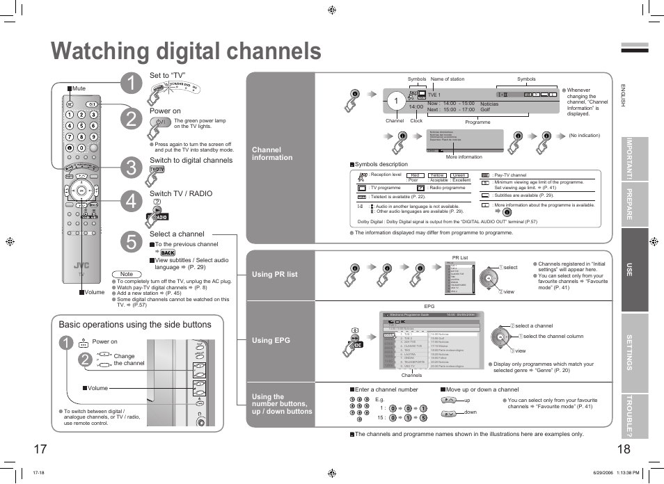Watching digital channels, Watching digital channels ·············· 17, Basic operations using the side buttons | JVC DynaPix LT-32DX7SSP User Manual | Page 11 / 31