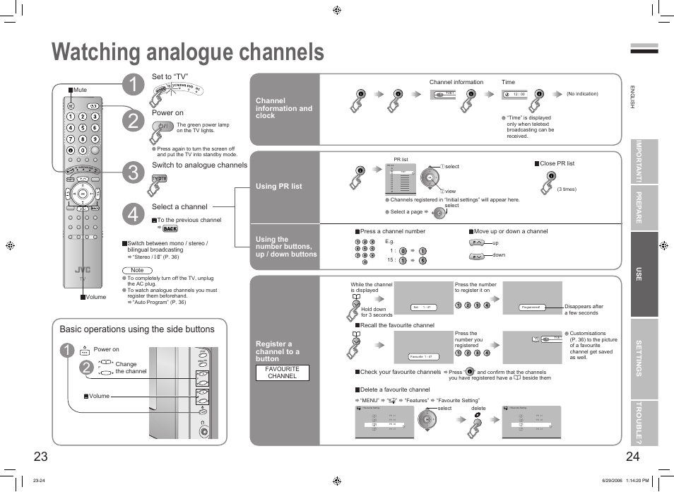 Watching analogue channels, Watching analogue channels ········· 23, Basic operations using the side buttons | JVC DynaPix LT-32DX7SSP User Manual | Page 14 / 31